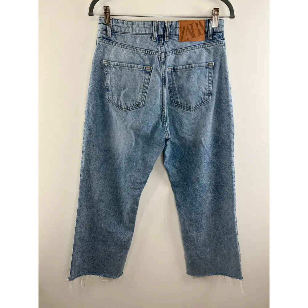 ZARA Blue Medium Wash Button Fly Raw Hem Cropped Straight Leg Jeans Size 6